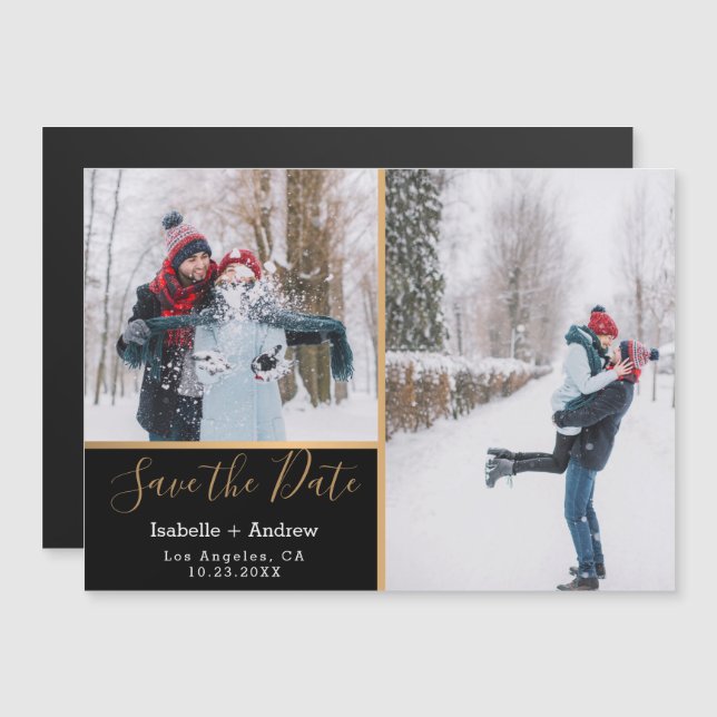 Invitation Magnétique Elégant Black Photo Collage Gold Enregistrer la da (Devant / Derrière)