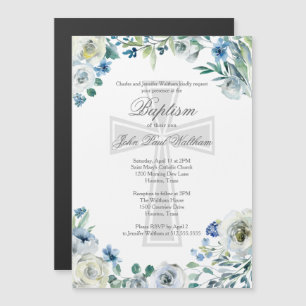 Invitation Magnétique Élégant bleu floral croisé religieux Baptême