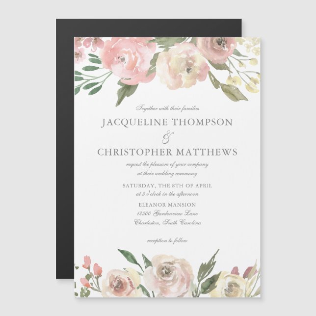 Invitation Magnétique Elégant Blush Pink Ivory Jardin Floral Mariage (Devant / Derrière)