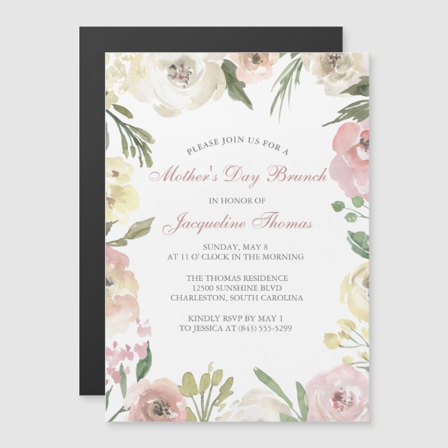 Invitation Magnétique Elégant Blush rose Floral Fête des Mères Brunch (Devant / Derrière)