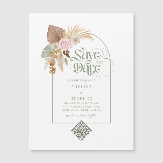 Invitation Magnétique Elégant Boho Tropical Dried Flowers Arch QR Code (Devant)