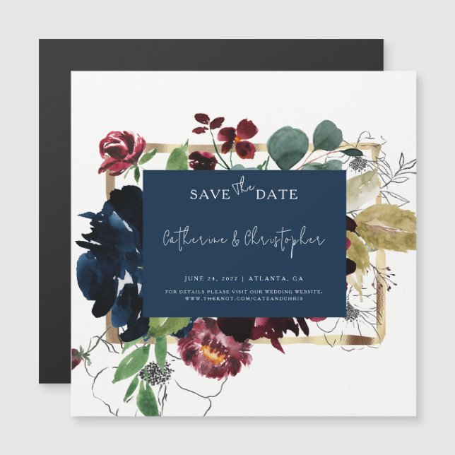 Invitation Magnétique Elégant Burgundy Marine Bleu Jardin Floral Mariage (Devant / Derrière)