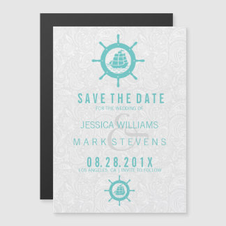 Invitation Magnétique Élégant Damas blanches et roue Turquoise nautique
