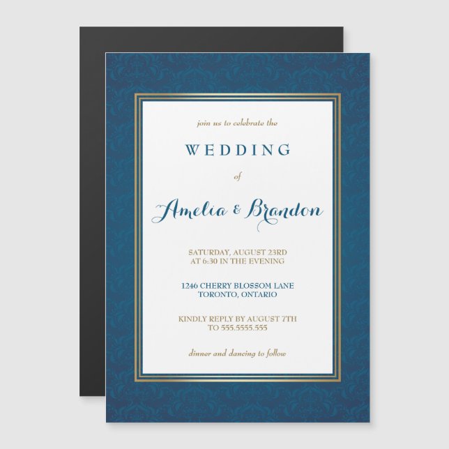 Invitation Magnétique Élégant dégradé bleu Damas | Mariage (Devant / Derrière)