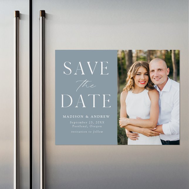 Invitation Magnétique Elégant Dusty Blue Photo Sauvez la date (Créateur téléchargé)