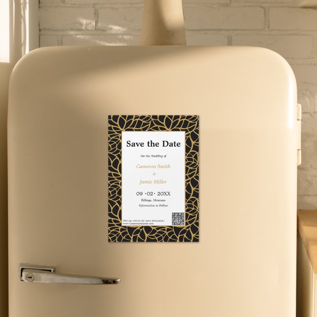 Invitation Magnétique Élégant Enregistrer La Date Black & Gold Foliage O (Elegant Save The Date Black & Gold Foliage Outline Magnetic Invitation)