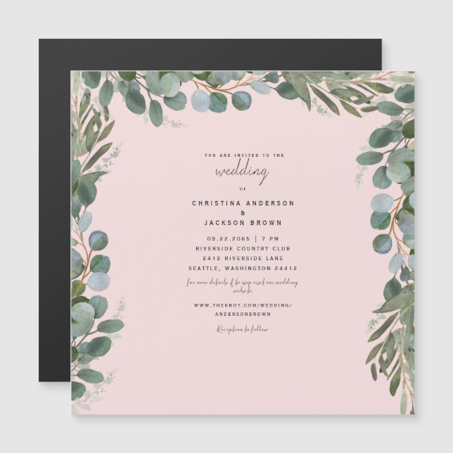 Invitation Magnétique Élégant Eucalyptus Blush Mariage II magnétique (Devant / Derrière)