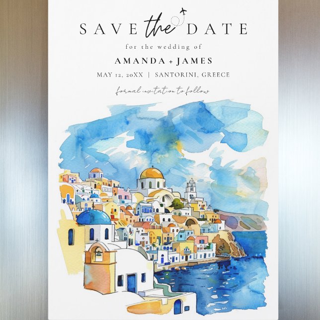 Invitation Magnétique Elégant Grèce Destination Mariage Enregistrer la d (Save the Date magnet featuring a watercolor illustration of Santorini, Greece, with vibrant blue.)