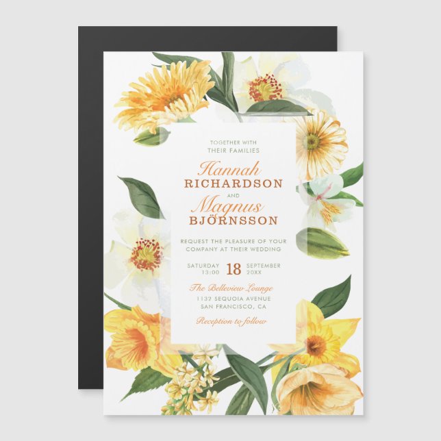 Invitation Magnétique Élégant Jaune Daffiné Daffodiles Floral Mariage (Devant / Derrière)