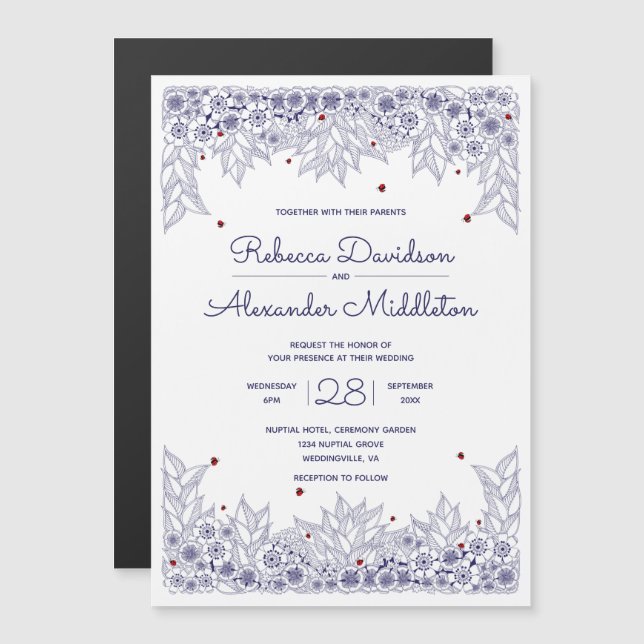 Invitation Magnétique Elégant Mariage bleu blanc (Devant / Derrière)