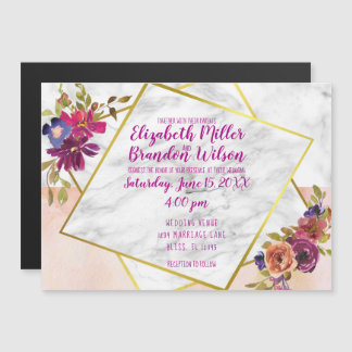 Invitation Magnétique Élégant Mariage Fleur Aquarelle Marbre Or