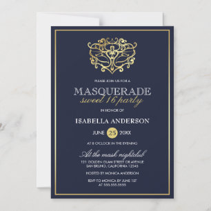 Invitation Magnétique Elégant Marine Bleu & Or Masquerade Sweet 16 Party