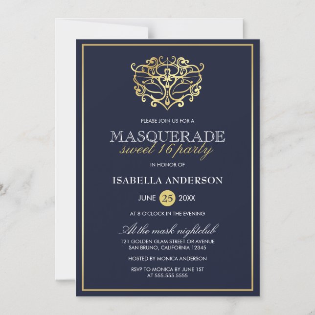 Invitation Magnétique Elégant Marine Bleu & Or Masquerade Sweet 16 Party (Recto)