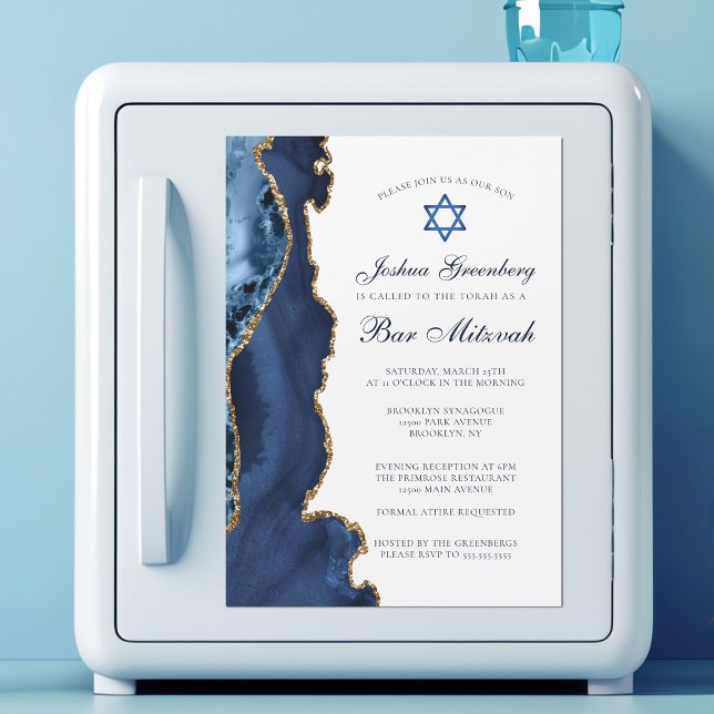 Invitation Magnétique Elégant Marine Blue Gold Agate Bar Mitzvah Party (Créateur téléchargé)