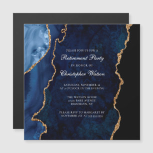 Invitation Magnétique Elégant Marine Blue Gold Agate Retraite Party