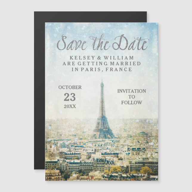 Invitation Magnétique Elégant Paris View Tour Eiffel Enregistrer la date (Devant / Derrière)