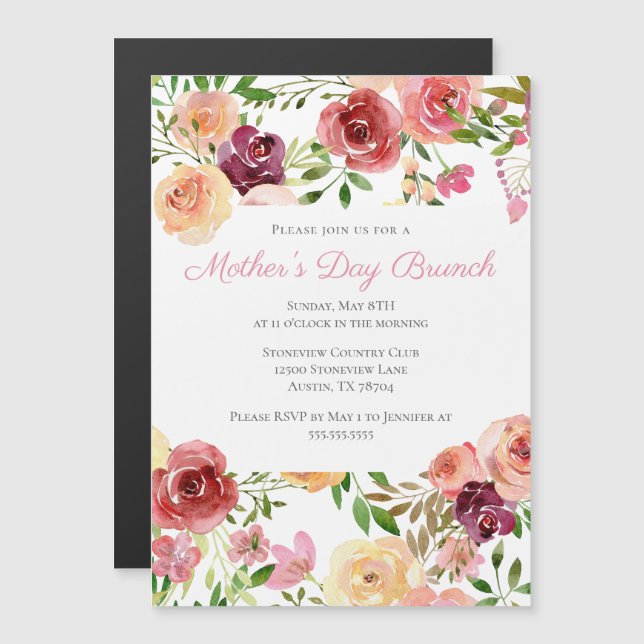 Invitation Magnétique Elégant Rose Pink Peony Floral Fête des Mères Brun (Devant / Derrière)