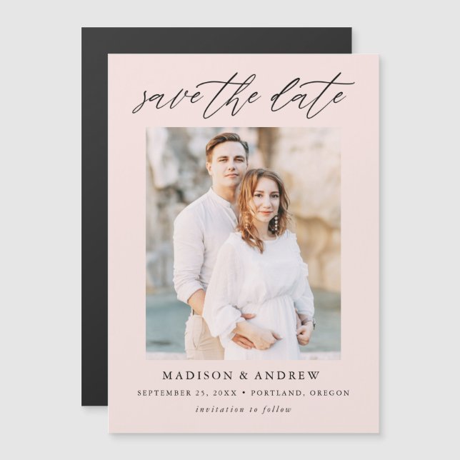 Invitation Magnétique Élégant Script Blush Photo Enregistrer la date (Devant / Derrière)