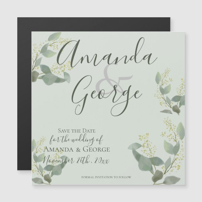 Invitation Magnétique Élégant Script Eucalyptus Feuilles Enregistrer La  (Devant / Derrière)