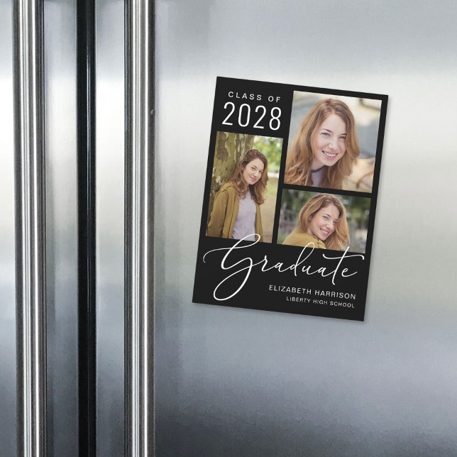 Invitation Magnétique Élégant Script Photo Black Graduation (An elegant magnetic photo collage graduation announcement to celebrate the graduate's achievements)