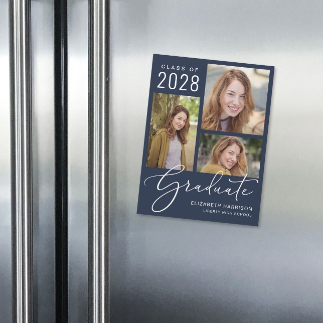 Invitation Magnétique Élégant Script Photo Blue Graduation (An elegant photo collage magnetic graduation announcement to celebrate the graduate's achievements)