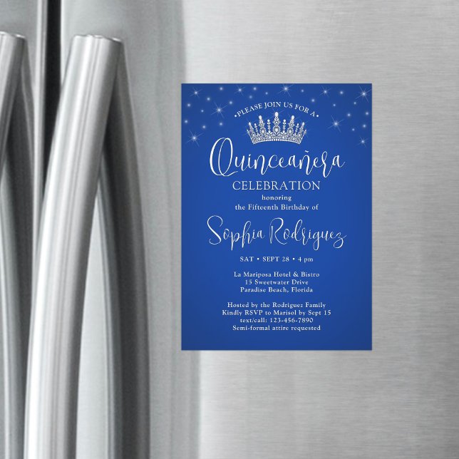 Invitation Magnétique Elegant Sparkles Quinceañera Crown Royal Blue (Créateur téléchargé)