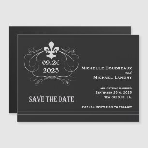 Invitation Magnétique Élégant Style Rétro Fleur Enregistrer La Date Noir