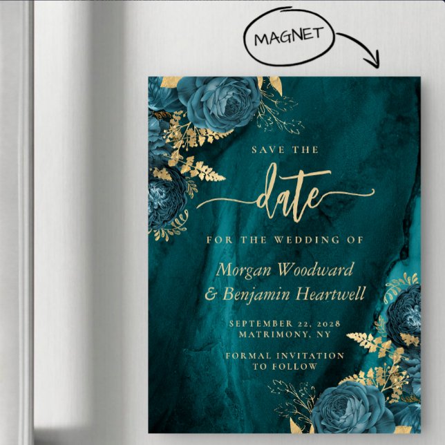 Invitation Magnétique Elegant Teal Gold Floral Wedding Save the Date (Créateur téléchargé)