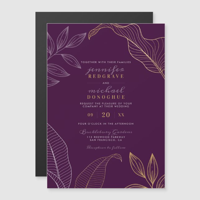 Invitation Magnétique Élégant Violet Gold Buds Mariage moderne (Devant / Derrière)