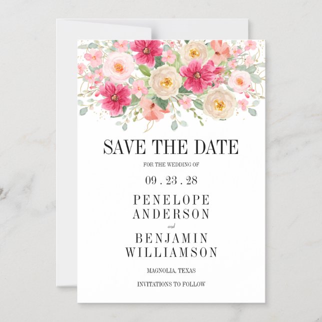 Invitation Magnétique Elegant Watercolor Bright Pink Floral Wedding (Recto)