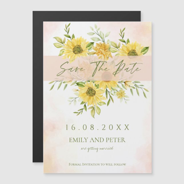Invitation Magnétique Elégante aquarelle Mariage floral de tournesol jau (Devant / Derrière)