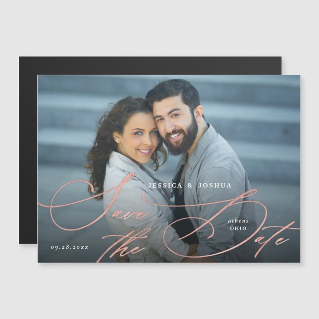 Invitation Magnétique Élégante calligraphie Rose de l'or Sauvegardez la  (Devant / Derrière)