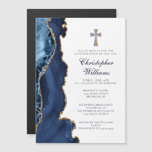 Invitation Magnétique Élégante confirmation Marine Blue Gold Agate