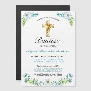 Invitation Magnétique Elegante Cruz y Flores Para Niño Bautizo