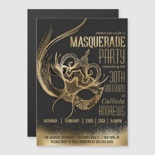 Invitation Magnétique Elégante Gold Black Masquerade Masque fête d'anniv