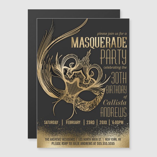 Invitation Magnétique Elégante Gold Black Masquerade Masque fête d'anniv (Devant / Derrière)