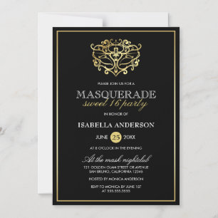 Invitation Magnétique Elégante Gold & Black Masquerade Sweet 16 Party