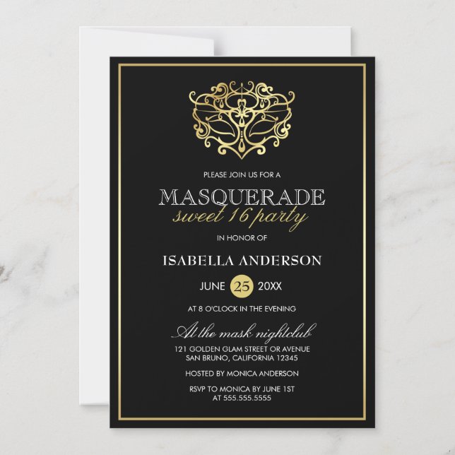 Invitation Magnétique Elégante Gold & Black Masquerade Sweet 16 Party (Recto)