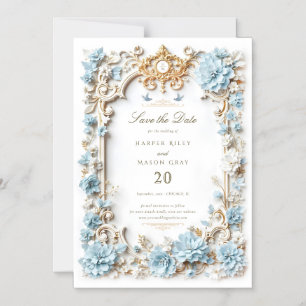 Invitation Magnétique Elégante Hydrangée Bleue Dusty Faux Embossée