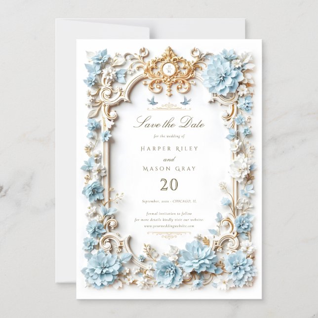 Invitation Magnétique Elégante Hydrangée Bleue Dusty Faux Embossée (Recto)