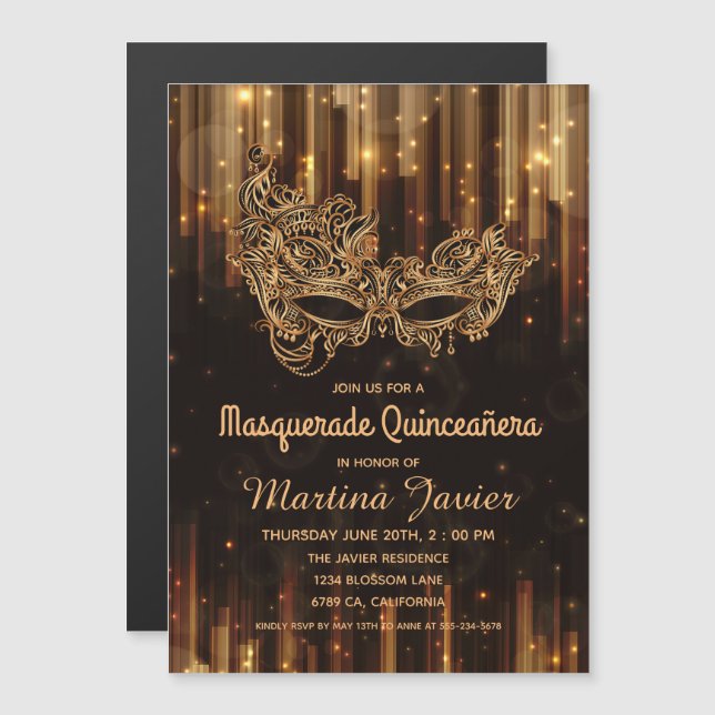 Invitation Magnétique Elégante Masquerade Quinceañera 15e anniversaire (Devant / Derrière)