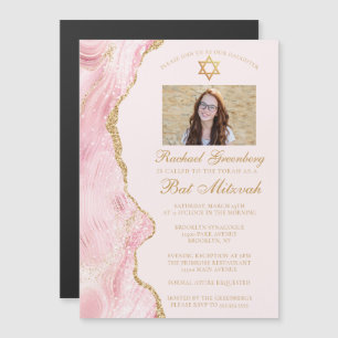 Invitation Magnétique Elégante Pink Gold Agate Bat mitzvah Photo Party