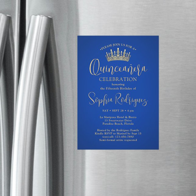 Invitation Magnétique Élégantes éperelles Quinceañera Couronne Royal Blu (Créateur téléchargé)