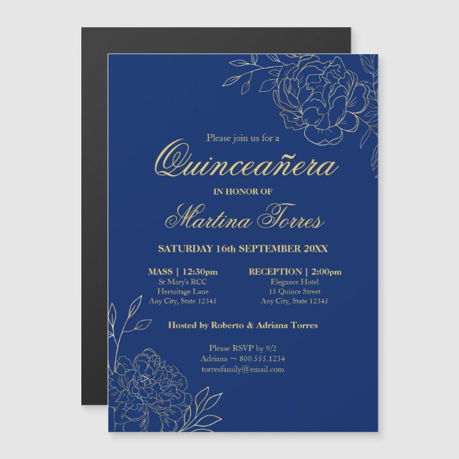 Invitation Magnétique Élégantes fleurs d'or Royal Blue Floral Quinceaner (Devant / Derrière)