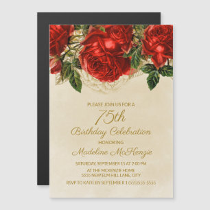 Invitation Magnétique Elegantes roses rouges vintage pour les 75 ans d'u