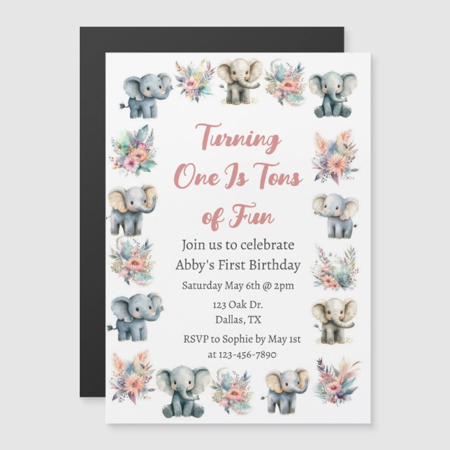 Invitation Magnétique Eléphants & Boho Jungle Fleurs Anniversaire (Devant / Derrière)