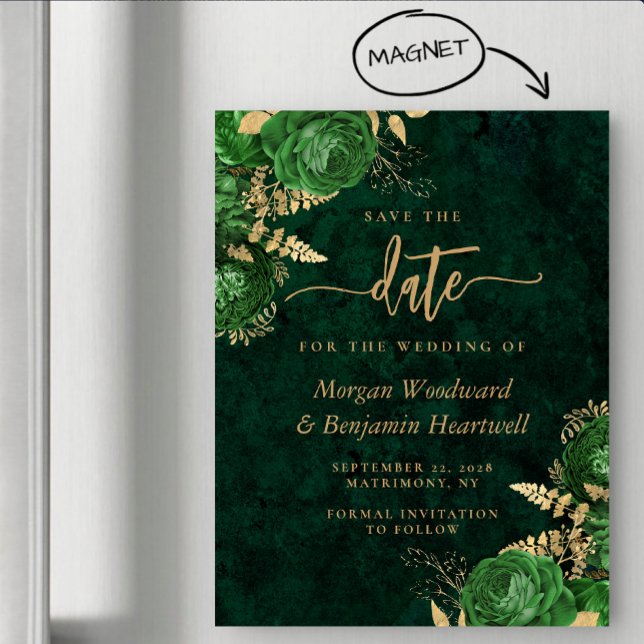 Invitation Magnétique Emerald Green Gold Floral Wedding Save the Date (Créateur téléchargé)