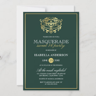 Invitation Magnétique Emerald Green & Gold Masquerade Sweet 16 Party