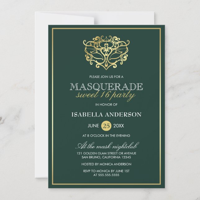 Invitation Magnétique Emerald Green & Gold Masquerade Sweet 16 Party (Recto)