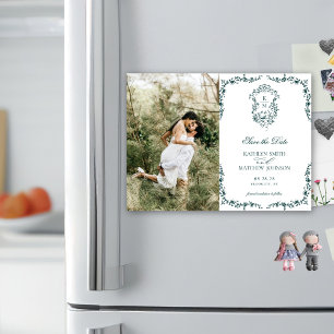 Invitation Magnétique Emerald Green Monogram Vintage Crest Enregistrer l